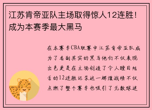 江苏肯帝亚队主场取得惊人12连胜！成为本赛季最大黑马